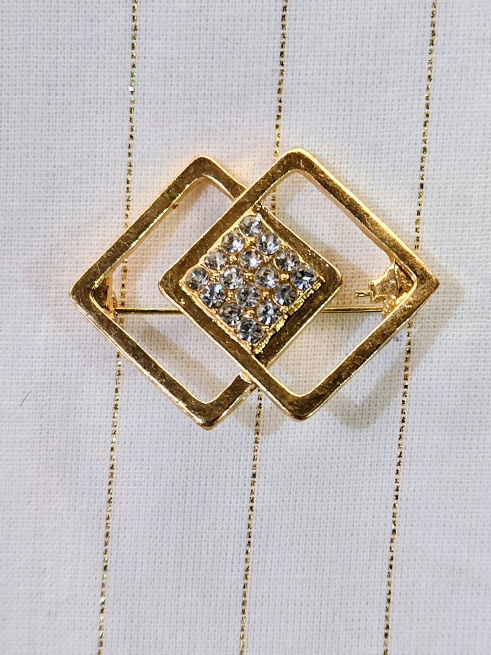 DOUBLE DIAMOND shapes in GOLDTONE w stones PIN jewelry NEW by Ornaments